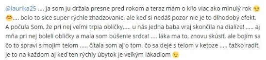 Užívateľka upozorňuje na riziko jojo efektu a možné vedľajšie účinky