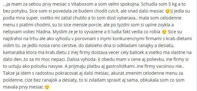 Užívateľka si Vitabox stravovanie veľmi pochvaľuje, dokonca sa jej podarilo s ním aj schudnúť.