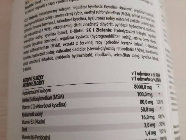 Kolagénový drink obsahuje viaceré vitamíny zo skupiny B, vitamín C a stopové prvky