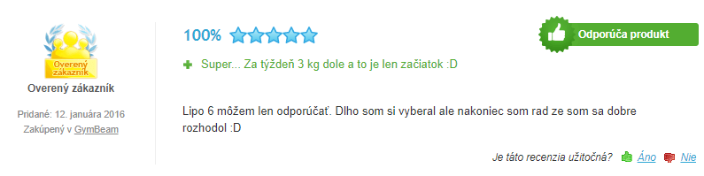 Užívateľka je veľmi spokojná so spaľovačom tukov Lipo 6, ktorý aj odporúča ostatným užívateľom