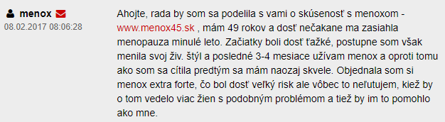 Užívateľka si pochvaľuje účinok tabliet Menox 45, ktoré jej v období menopauzy veľmi pomohli