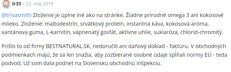 Negatívna recenzia užívateľky na diskusnom fóre