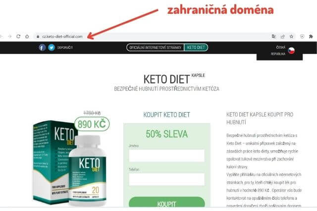 Jedna z webstránok predávajúcich tablety Keto Diet