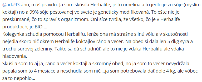 Skúsenosť užívateľky s Herbalife