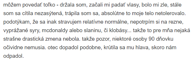 užívateľke sa počas diéty objavili viaceré zdravotné komplikácie